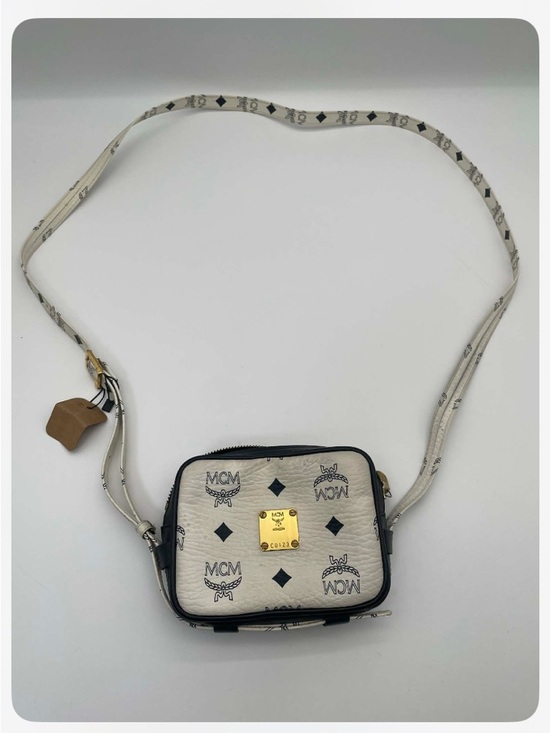MCM Handbags - MCM Cream and Black Logo Crossbody with Gold Plaque